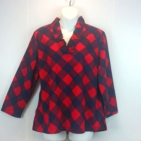 Crown & Ivy long sleeve ruffle V neck checkered blouse size large - Picture 1 of 8
